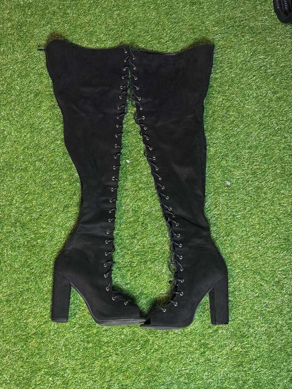 Fashion Nova Black Faux Suede Lace Up Peep Toe Over The Knee Block Heel Boots Si - Picture 5 of 6